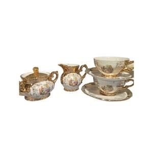 Bavaria Porcelain Tea Set Gold Trim Floral Cups Saucers Creamer Sugar Bowl
